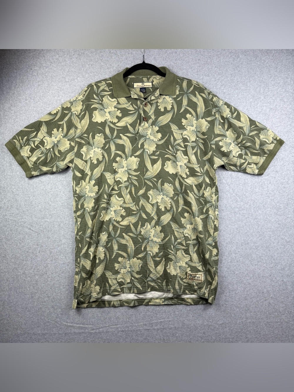 Tommy Bahama Olive Green Floral Silk Cotton Polo Shirt